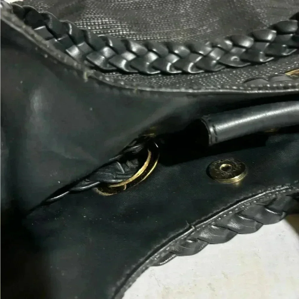 Michael kors black straw shoulder handbag with leather strap & trim